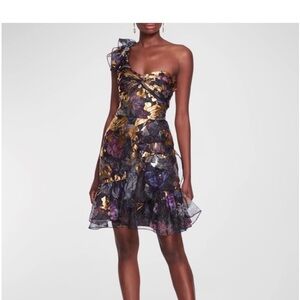Marchesa Notte Floral print One-shoulder ruffle dress formal